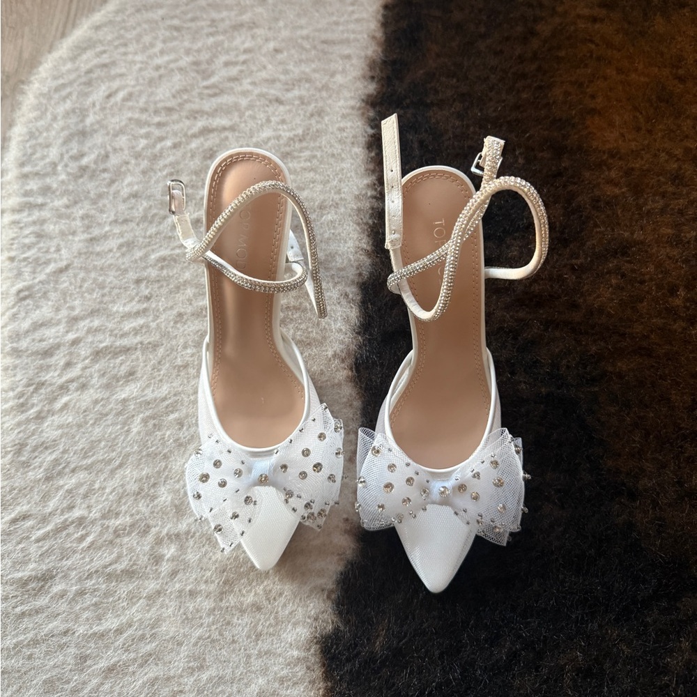 White Mesh Heels With Gem Details and Bow